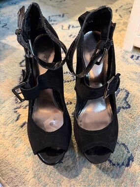 Baker’s Black Suede Peep-Toe Ankle Strap Heels